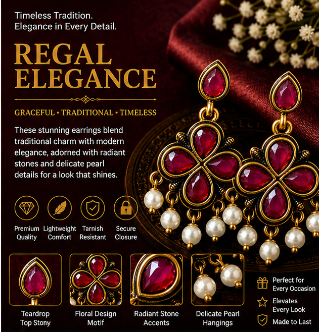 Antique Gold Deep Ruby Clover Drop Earrings with Pearl Fringe