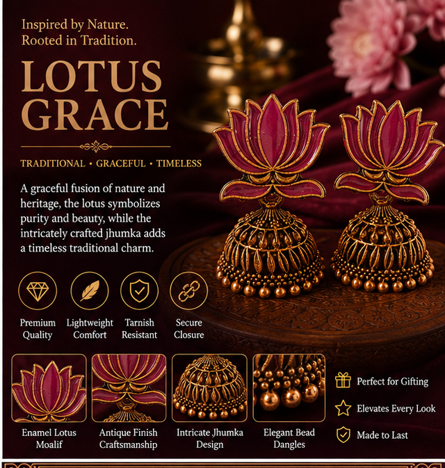 Pink Enamel Lotus Jhumka Earrings