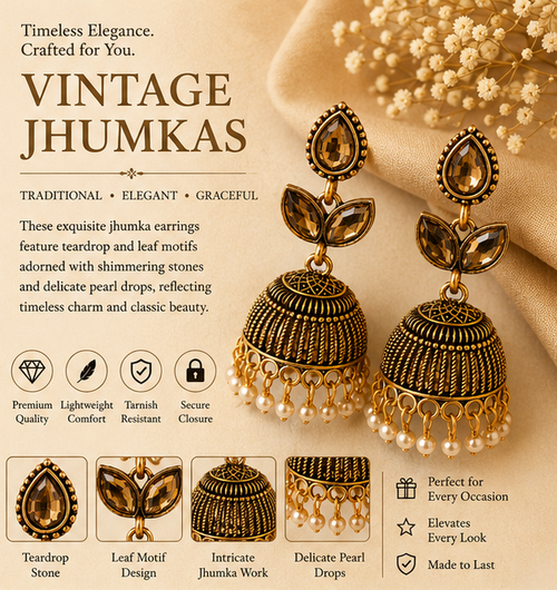 Antique Copper Smoky Crystal Leaf Stud Jhumka with Pearls