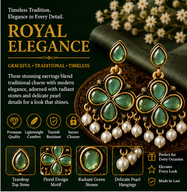 Antique Gold Mint Green Clover Drop Earrings with Pearl Fringe