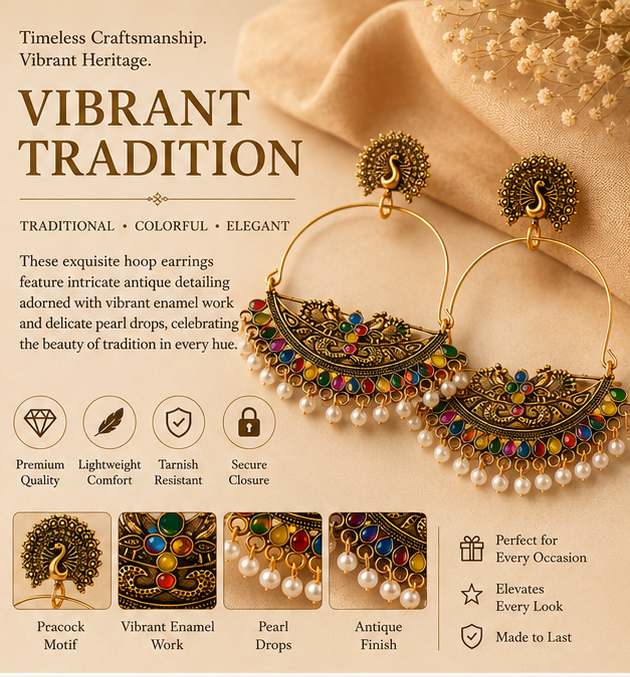 Antique Gold Peacock Chandbali Hoop with Multicolour Stones & Pearls