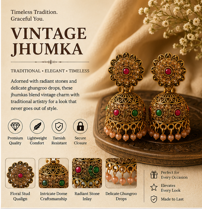 Antique Gold Floral Stud Dome Jhumka with Multi-Stone & Pearl Drops