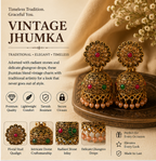 Antique Gold Floral Stud Dome Jhumka with Multi-Stone & Pearl Drops