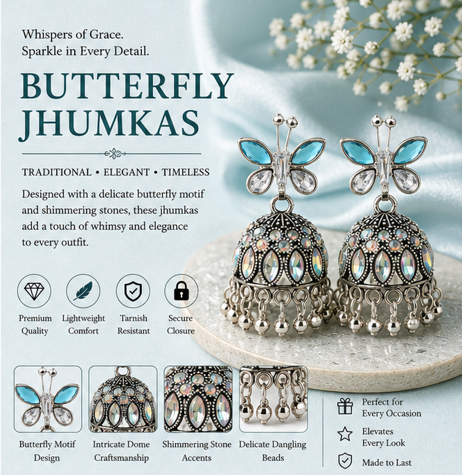 Oxidised Silver Blue Butterfly Stud Aurora Jhumka