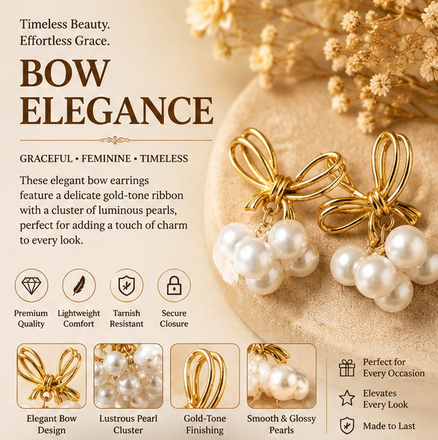 Gold Bow Knot Pearl Cluster Drop Earrings
