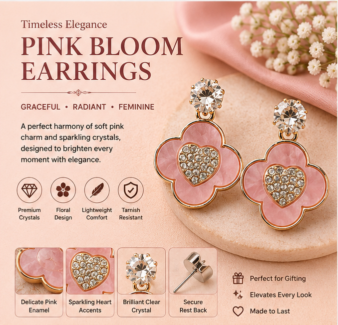 Rose Gold Pink Clover Heart Drop Earrings