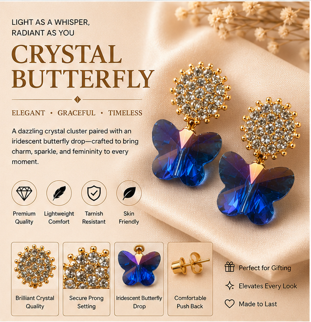 Gold Sapphire Butterfly Crystal Earrings
