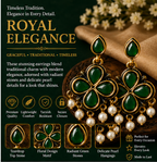 Antique Gold Deep Green Clover Drop Earrings with Pearl Fringe
