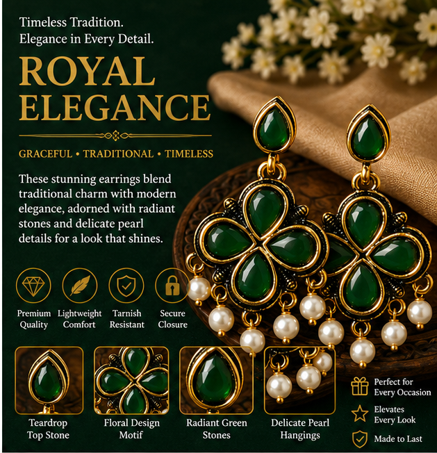 Antique Gold Deep Green Clover Drop Earrings with Pearl Fringe