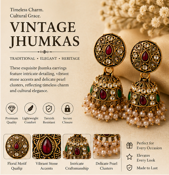 Antique Gold Kundan & Multi-Stone Round Stud Jhumka with Pearls