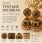 Antique Gold Kundan & Multi-Stone Round Stud Jhumka with Pearls