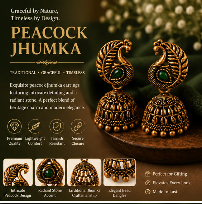 Antique Gold Peacock Jhumka with Green Stone