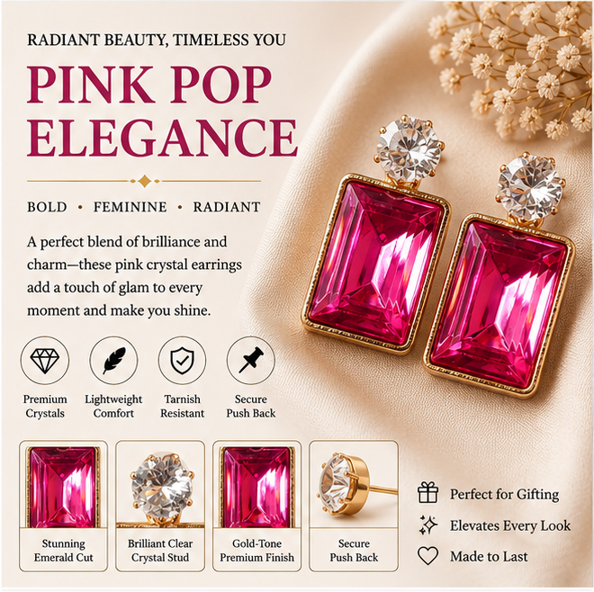Gold Ruby Pink Crystal Drop Earrings