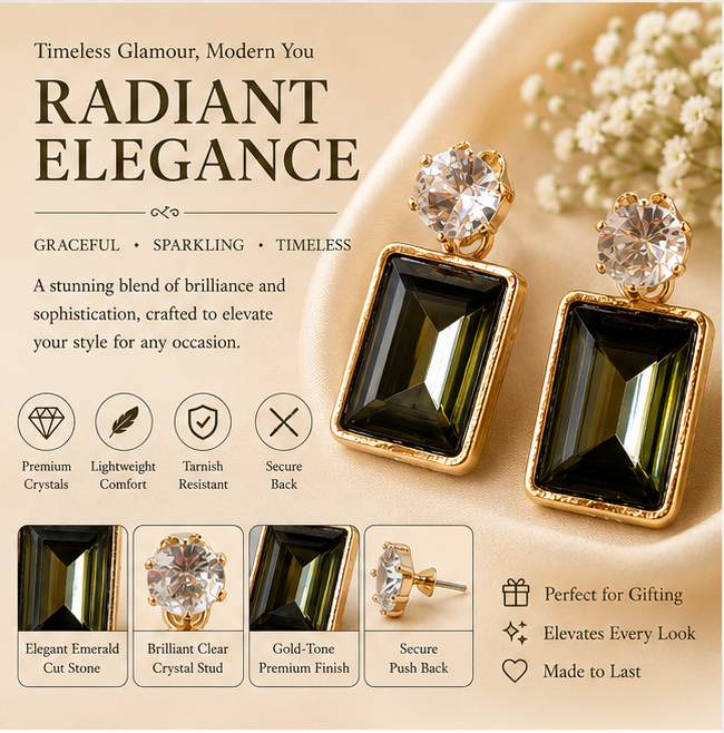 Gold Black Emerald Crystal Drop Earrings