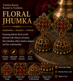 Antique Gold Flower Stud Cage Jhumka – Red Stone