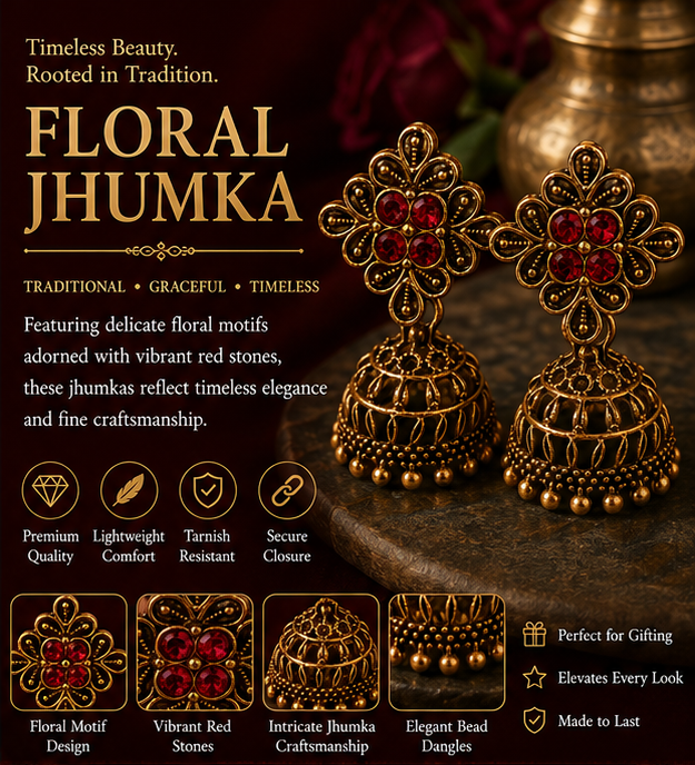 Antique Gold Flower Stud Cage Jhumka – Red Stone