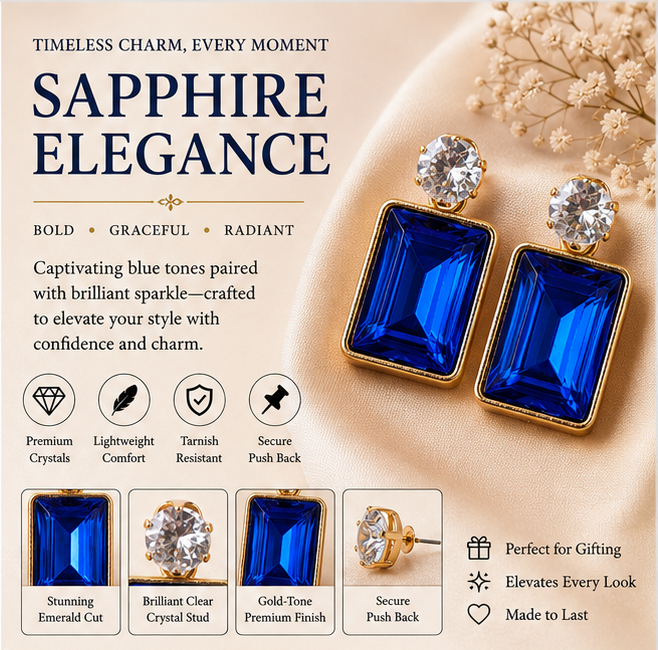 Gold Sapphire Blue Crystal Drop Earrings