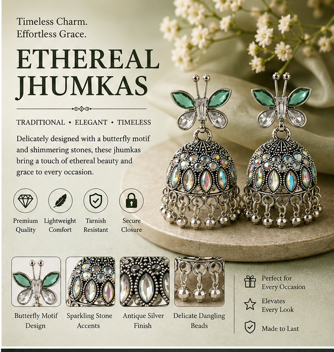 Oxidised Silver Green Butterfly Stud Aurora Jhumka