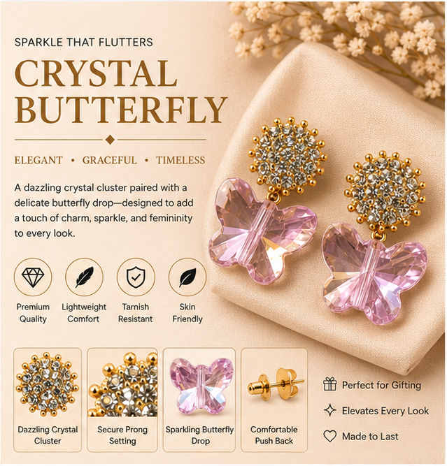Gold Blush Butterfly Crystal Earrings