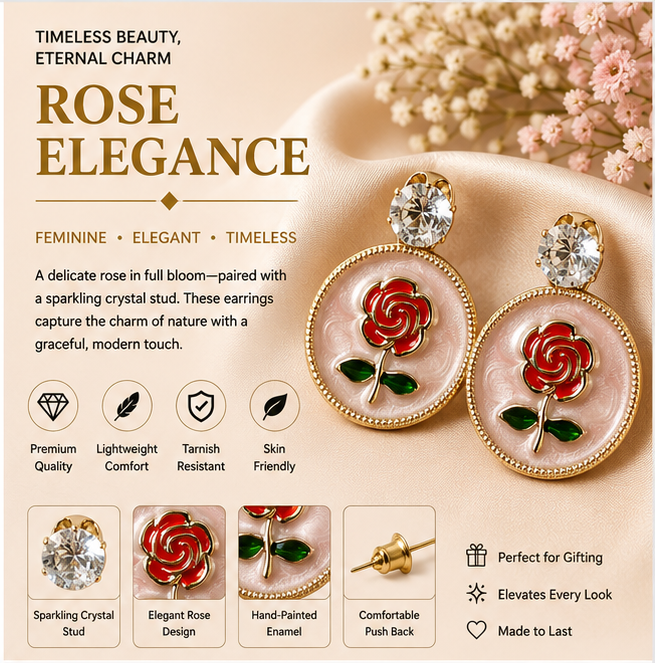 Gold Rose Medallion Drop Earrings – Blush Pink