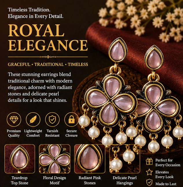 Antique Gold Lavender Clover Drop Earrings with Pearl Fringe
