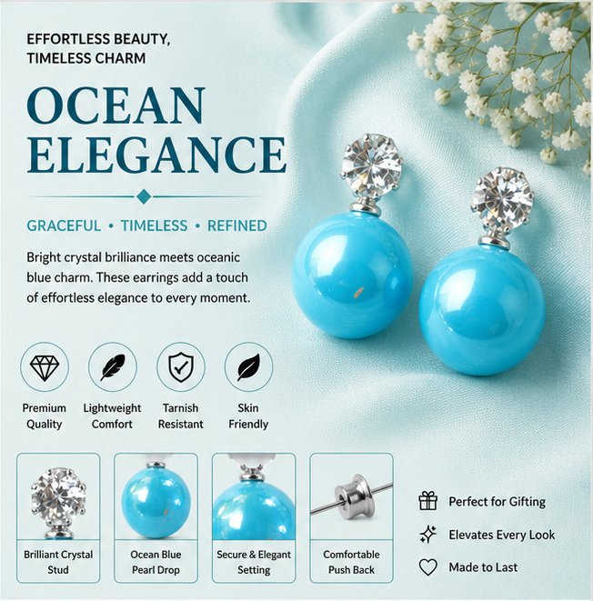 Silver Sky Blue Pearl Stud Earrings