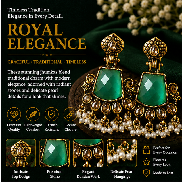 Antique Gold Emerald Green Stone Chandbali with Kundan & Pearls