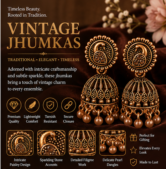 Copper Paisley Oval Stud Jhumka with Ball Drops