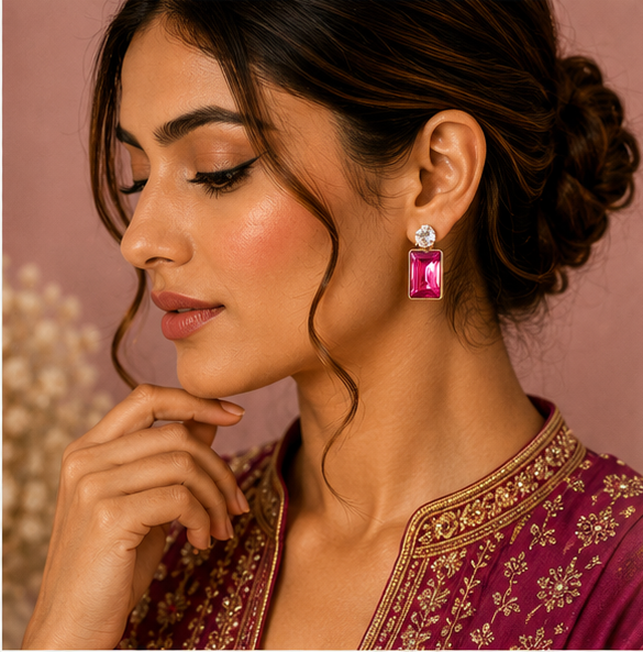 Gold Ruby Pink Crystal Drop Earrings