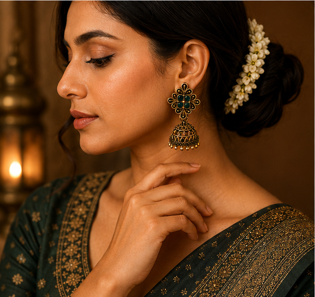 Antique Gold Flower Stud Cage Jhumka – Green Stone