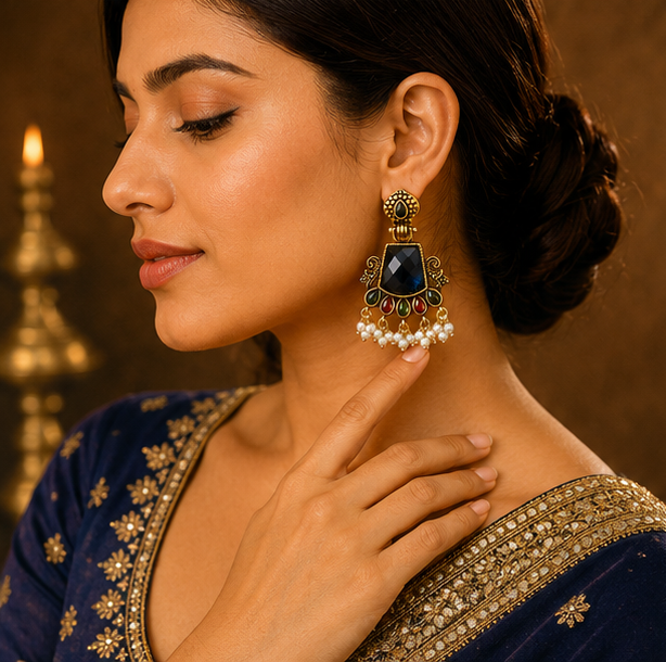 Antique Gold Navy Blue Stone Chandbali with Pearl Drops