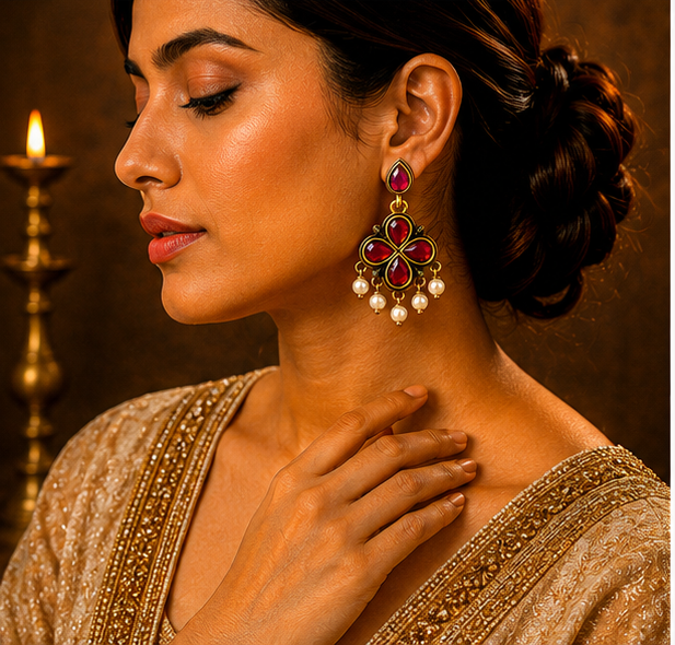 Antique Gold Deep Ruby Clover Drop Earrings with Pearl Fringe