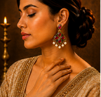 Antique Gold Deep Ruby Clover Drop Earrings with Pearl Fringe