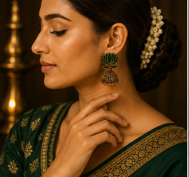 Green Enamel Lotus Jhumka Earrings