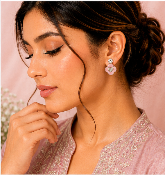 Rose Gold Pink Clover Heart Drop Earrings