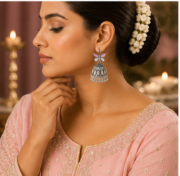 Oxidised Silver Pink Butterfly Stud Aurora Jhumka