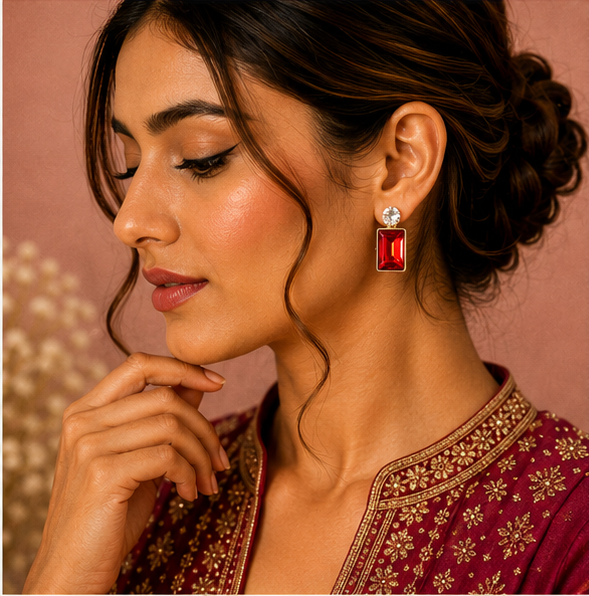 Gold Ruby Red Crystal Drop Earrings
