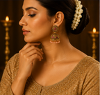 Antique Gold Floral Stud Dome Jhumka with Multi-Stone & Pearl Drops