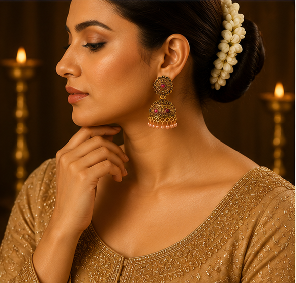 Antique Gold Floral Stud Dome Jhumka with Multi-Stone & Pearl Drops