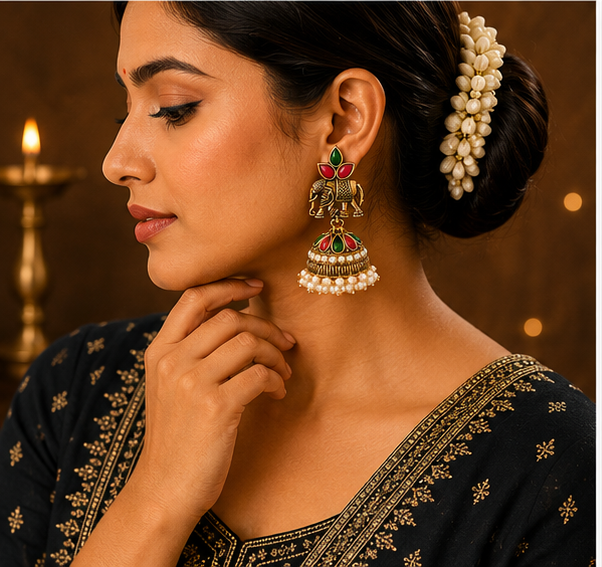 Antique Gold Elephant Jhumka with Red-Green Stones & Pearl Fringe