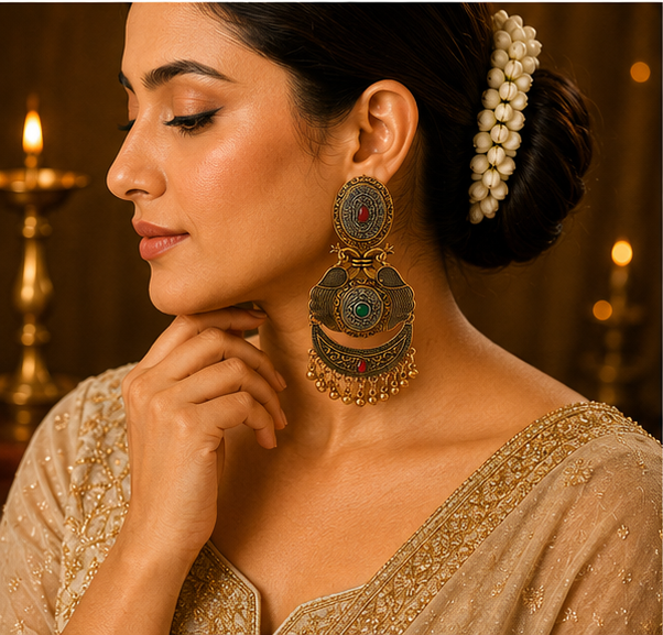 Antique Gold Peacock Oval Stud Chandbali with Bead Drops