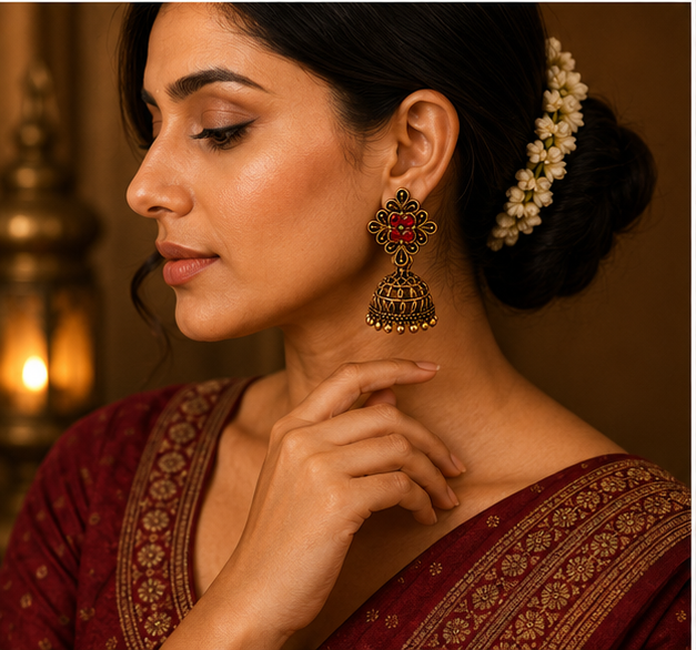 Antique Gold Flower Stud Cage Jhumka – Red Stone