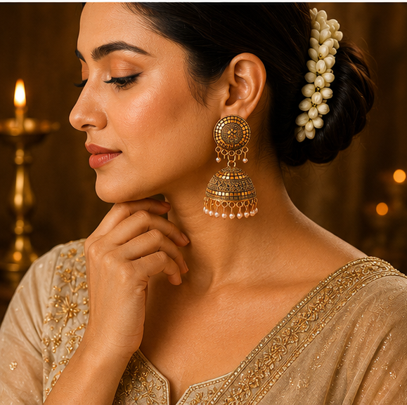 Antique Copper Mosaic Disc Jhumka with Pearl Drops