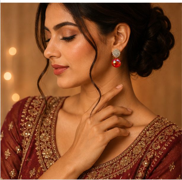 Gold Ruby Red Pearl Drop Earrings