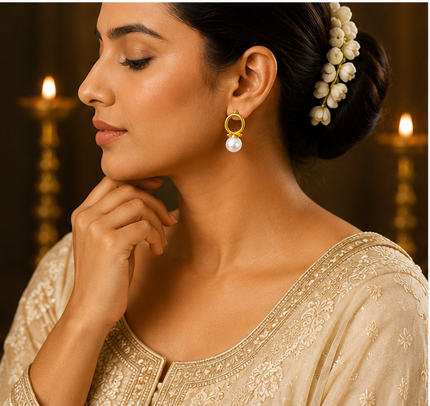 Gold Loop Knot Pearl Drop Earrings
