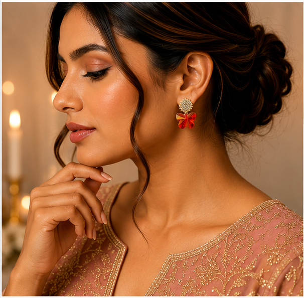 Gold Ruby Butterfly Crystal Earrings