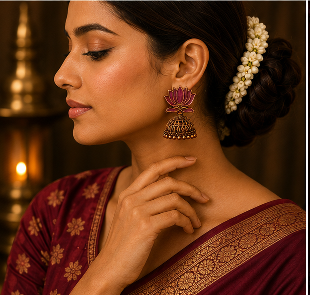 Pink Enamel Lotus Jhumka Earrings