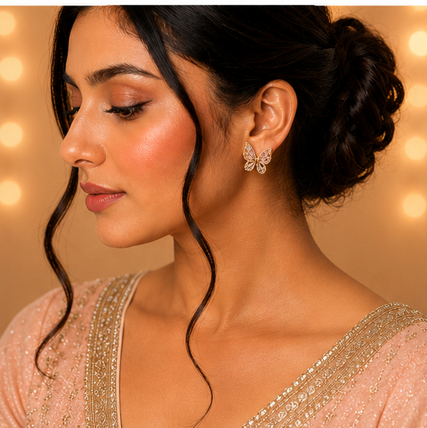Pink Crystal Butterfly Stud Earrings
