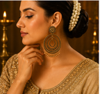 Antique Gold Triple-Orbit Chandbali with Bead Drops
