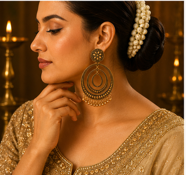 Antique Gold Triple-Orbit Chandbali with Bead Drops